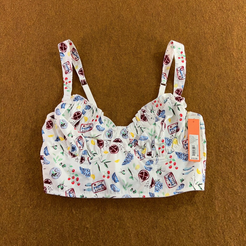 Colsie Womens Large White Sardine Fruit Print Ruched Underwire Crop Top NWT